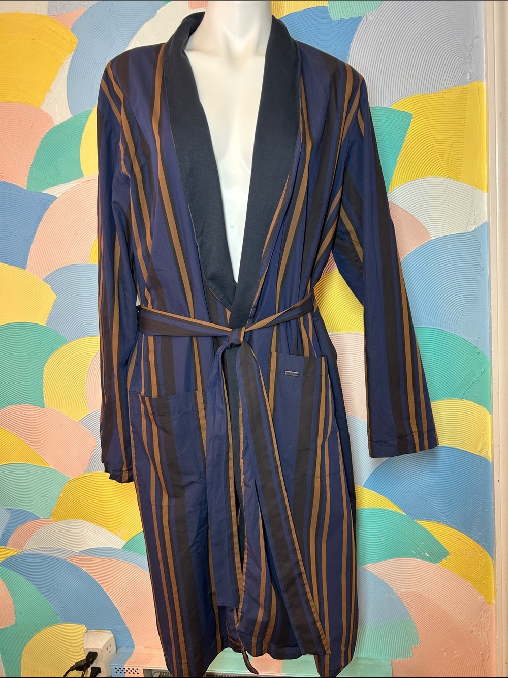 Hanro Striped Navy & Brown Belted Robe Jacket mens sz M 100% cotton